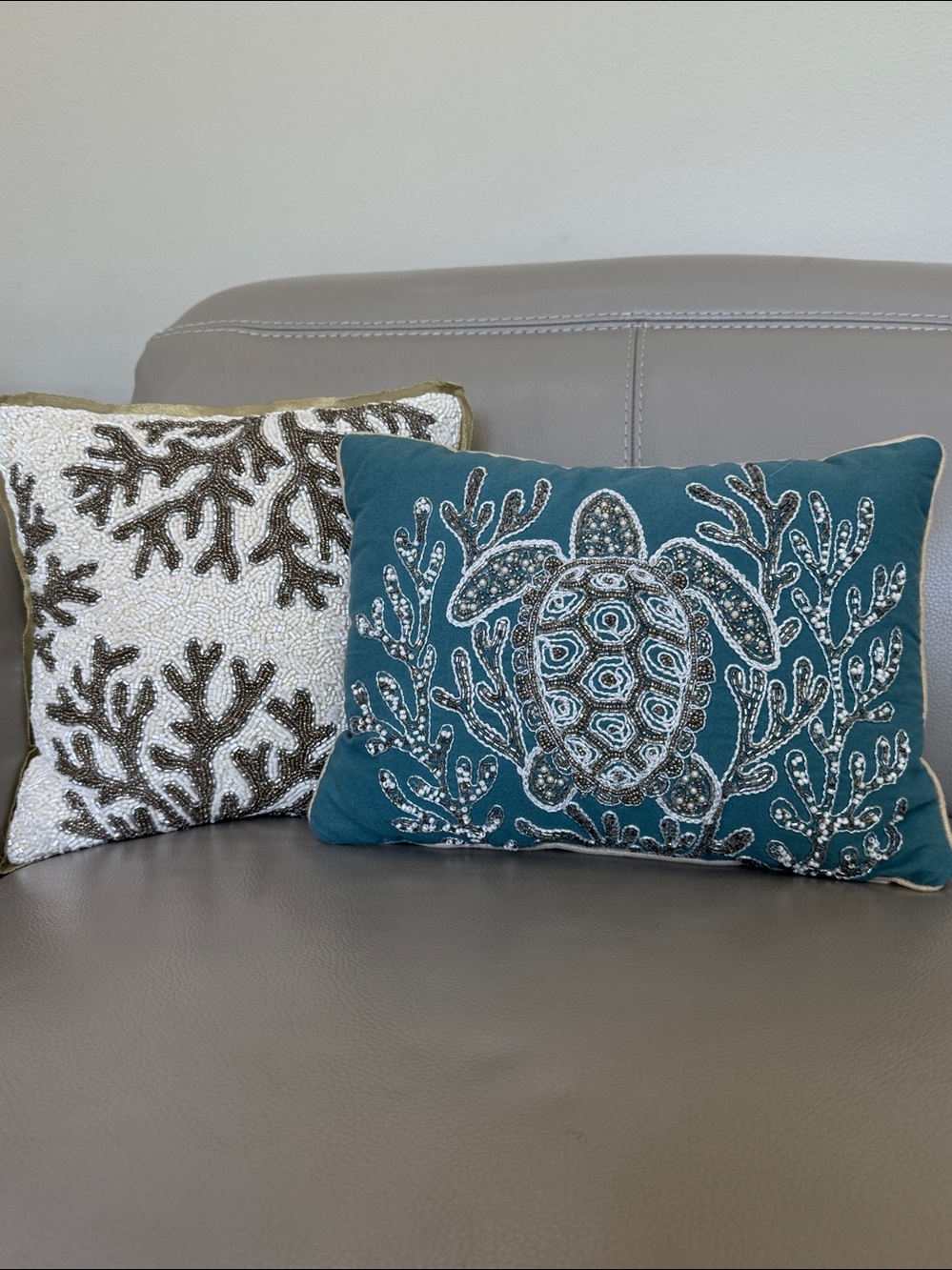 Pier 1 beaded embroidered ocean coral turtle seafoam theme Accent Pillow set